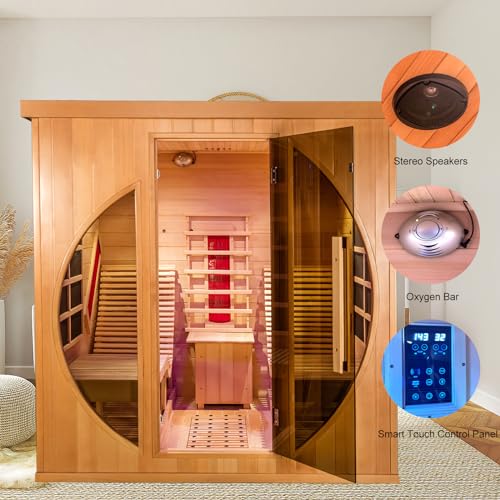 Smartmak Far Infrared Two Person Wood Sauna with Recliner, Canadian Hemlock Home luxurious Wooden Indoor Sauna Spa Room 220V, 3400W Detox Therapy with 10 Heaters, Bluetooth Speaker, Lights, Oxygen Bar