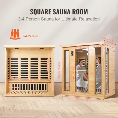 VEVOR 3 to 4 Person Far Infrared Wooden Sauna, Room Home Sauna Spa, Low EMF Far Infrared Hemlock Wood Sauna with Tempered Glass Door & Bluetooth Speakers & Chromotherapy Lights, 2580W Indoor