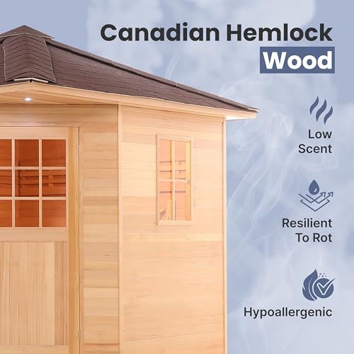 ALEKO Sauna Cottage with Asphalt Roof and Accessories | Canadian Hemlock Wood | Wet Steam Room | Outdoor | 8 Person | Upgraded Premium European 8 kW Harvia KIP Electric Heater | SKD8HEM