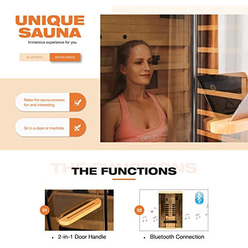 Infrared Sauna, 1-2 Person Home Sauna with 10 Minutes Warm-up Heater Tube& Carbon Panels, Personal Sauna for Home with Door Handle to Hold Cell Phones, Panoramic Tempered Glass