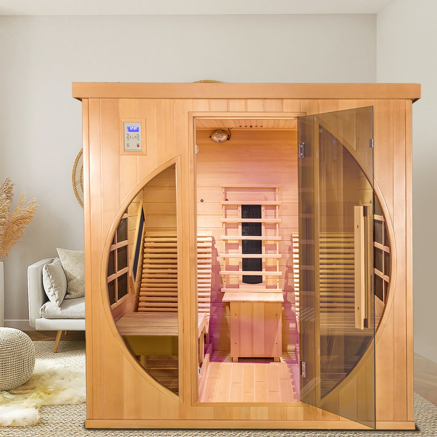 Smartmak Far Infrared Two Person Wood Sauna with Recliner, Canadian Hemlock Home luxurious Wooden Indoor Sauna Spa Room 220V, 3400W Detox Therapy with 10 Heaters, Bluetooth Speaker, Lights, Oxygen Bar