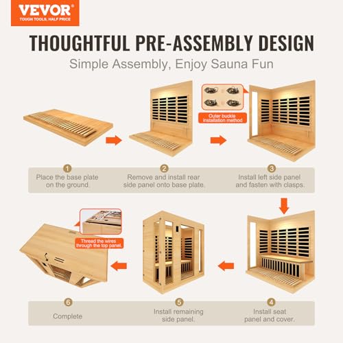 VEVOR 3 to 4 Person Far Infrared Wooden Sauna, Room Home Sauna Spa, Low EMF Far Infrared Hemlock Wood Sauna with Tempered Glass Door & Bluetooth Speakers & Chromotherapy Lights, 2580W Indoor