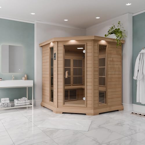 SteamSpa 1-5 Person Low EMF Carbon FAR Infrared Hemlock Wood and Tempered Glass Indoor Home Sauna Room with LED Touch Control Panel, Color LED Therapy Light, Bluetooth Speaker, Oxygen