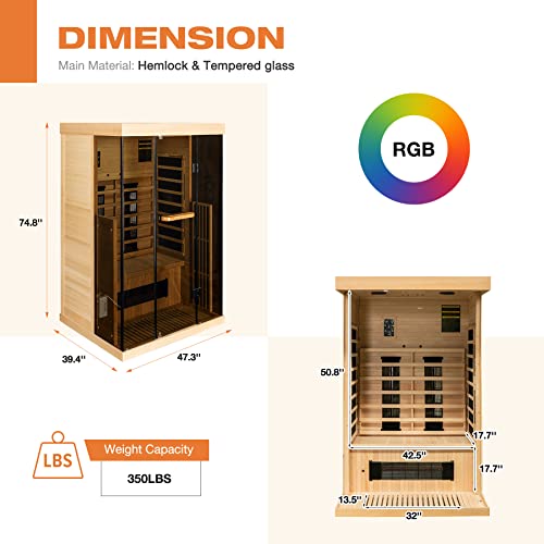 Infrared Sauna, 1-2 Person Home Sauna with 10 Minutes Warm-up Heater Tube& Carbon Panels, Personal Sauna for Home with Door Handle to Hold Cell Phones, Panoramic Tempered Glass