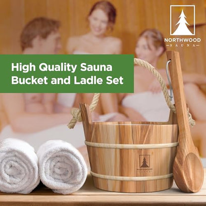 Sauna Bucket and Ladle Set - Handmade from Canadian Red Cedar Wood - Natural Rope Handle - 1 Gallon (4 Liters) Water Capacity