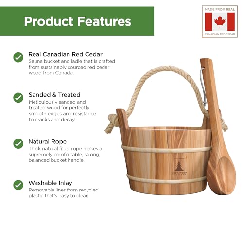 Sauna Bucket and Ladle Set - Handmade from Canadian Red Cedar Wood - Natural Rope Handle - 1 Gallon (4 Liters) Water Capacity