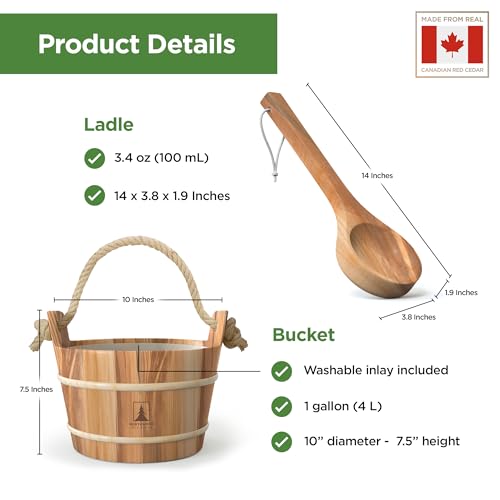 Sauna Bucket and Ladle Set - Handmade from Canadian Red Cedar Wood - Natural Rope Handle - 1 Gallon (4 Liters) Water Capacity