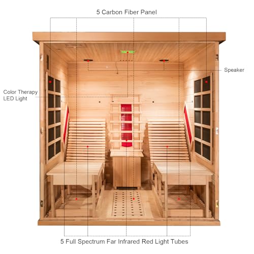 Smartmak Far Infrared Two Person Wood Sauna with Recliner, Canadian Hemlock Home luxurious Wooden Indoor Sauna Spa Room 220V, 3400W Detox Therapy with 10 Heaters, Bluetooth Speaker, Lights, Oxygen Bar