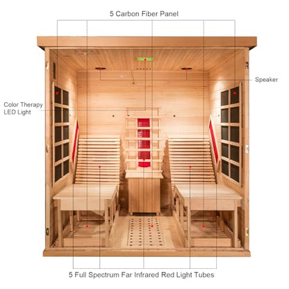 Smartmak Far Infrared Two Person Wood Sauna with Recliner, Canadian Hemlock Home luxurious Wooden Indoor Sauna Spa Room 220V, 3400W Detox Therapy with 10 Heaters, Bluetooth Speaker, Lights, Oxygen Bar