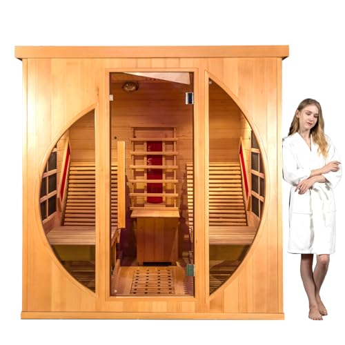 Smartmak Far Infrared Two Person Wood Sauna with Recliner, Canadian Hemlock Home luxurious Wooden Indoor Sauna Spa Room 220V, 3400W Detox Therapy with 10 Heaters, Bluetooth Speaker, Lights, Oxygen Bar