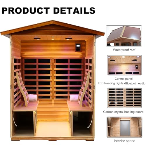 Outdoor Sauna 4 Person Low EMF Far Infrared Sauna for Home, 2,050W, Mahogany Wooden, for Indoor and Outdoor Home Sauna with Bluetooth, LCD, LED