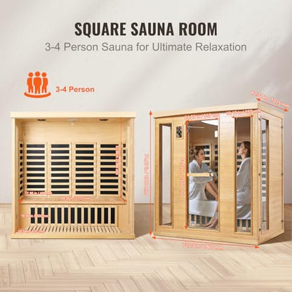 VEVOR 3 to 4 Person Far Infrared Wooden Sauna, Room Home Sauna Spa, Low EMF Far Infrared Hemlock Wood Sauna with Tempered Glass Door & Bluetooth Speakers & Chromotherapy Lights, 2580W Indoor