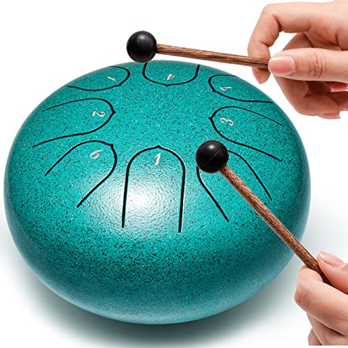 Steel Tongue Drum 6 Inch 8 Notes Hand Drums with Bag Sticks Music Book, Sound Healing Instruments for Musical Education Entertainment Yoga Chakra Gifts (Malachite)