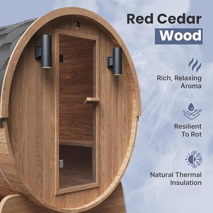 ALEKO Outdoor Barrel Sauna: Red Cedar Wood | Seats 6-8 | 8kW Harvia Heater | Efficient Heating & Panoramic Views | Weather-Resistant | Premium Quality