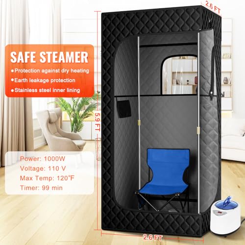 Portable Steam Sauna for Home Use or on the go, Sauna Tent Sauna Box with 2.6L Steamer, Remote Control, Folding Chair, 9 Levels, 2.6’ x 2.6’ x 5.9’