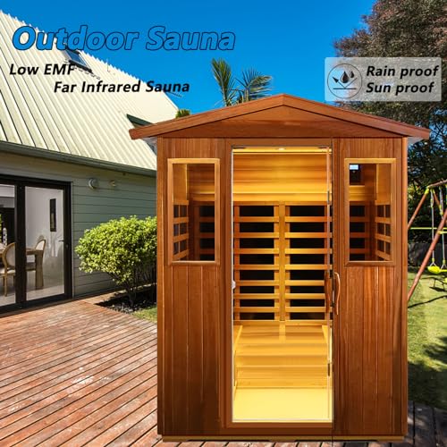 Outdoor Sauna 4 Person Low EMF Far Infrared Sauna for Home, 2,050W, Mahogany Wooden, for Indoor and Outdoor Home Sauna with Bluetooth, LCD, LED