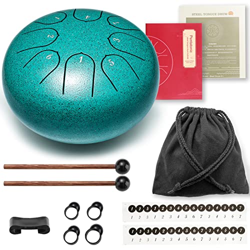 Steel Tongue Drum 6 Inch 8 Notes Hand Drums with Bag Sticks Music Book, Sound Healing Instruments for Musical Education Entertainment Yoga Chakra Gifts (Malachite)