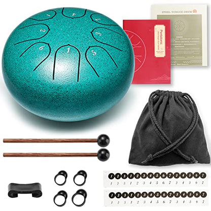 Steel Tongue Drum 6 Inch 8 Notes Hand Drums with Bag Sticks Music Book, Sound Healing Instruments for Musical Education Entertainment Yoga Chakra Gifts (Malachite)