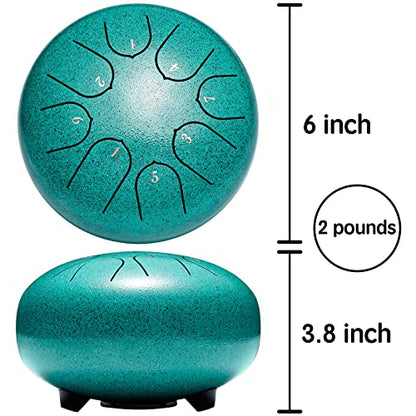 Steel Tongue Drum 6 Inch 8 Notes Hand Drums with Bag Sticks Music Book, Sound Healing Instruments for Musical Education Entertainment Yoga Chakra Gifts (Malachite)