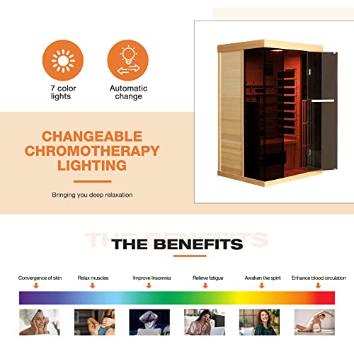 Infrared Sauna, 1-2 Person Home Sauna with 10 Minutes Warm-up Heater Tube& Carbon Panels, Personal Sauna for Home with Door Handle to Hold Cell Phones, Panoramic Tempered Glass