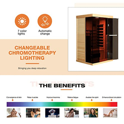 Infrared Sauna, 1-2 Person Home Sauna with 10 Minutes Warm-up Heater Tube& Carbon Panels, Personal Sauna for Home with Door Handle to Hold Cell Phones, Panoramic Tempered Glass