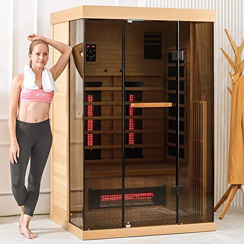 Infrared Sauna, 1-2 Person Home Sauna with 10 Minutes Warm-up Heater Tube& Carbon Panels, Personal Sauna for Home with Door Handle to Hold Cell Phones, Panoramic Tempered Glass