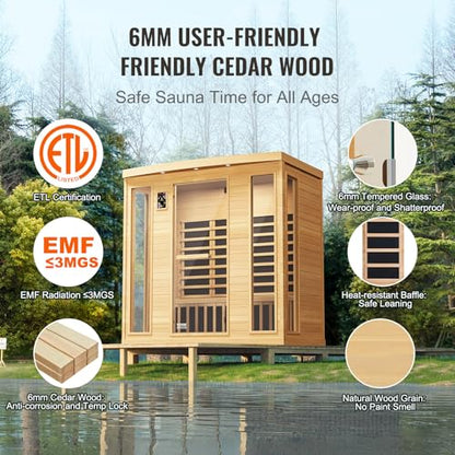 VEVOR 3 to 4 Person Far Infrared Wooden Sauna, Room Home Sauna Spa, Low EMF Far Infrared Hemlock Wood Sauna with Tempered Glass Door & Bluetooth Speakers & Chromotherapy Lights, 2580W Indoor