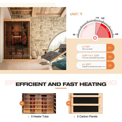 Infrared Sauna, 1-2 Person Home Sauna with 10 Minutes Warm-up Heater Tube& Carbon Panels, Personal Sauna for Home with Door Handle to Hold Cell Phones, Panoramic Tempered Glass