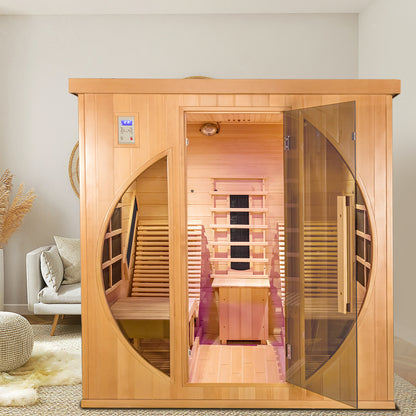Smartmak Far Infrared Two Person Wood Sauna with Recliner, Canadian Hemlock Home luxurious Wooden Indoor Sauna Spa Room 220V, 3400W Detox Therapy with 10 Heaters, Bluetooth Speaker, Lights, Oxygen Bar
