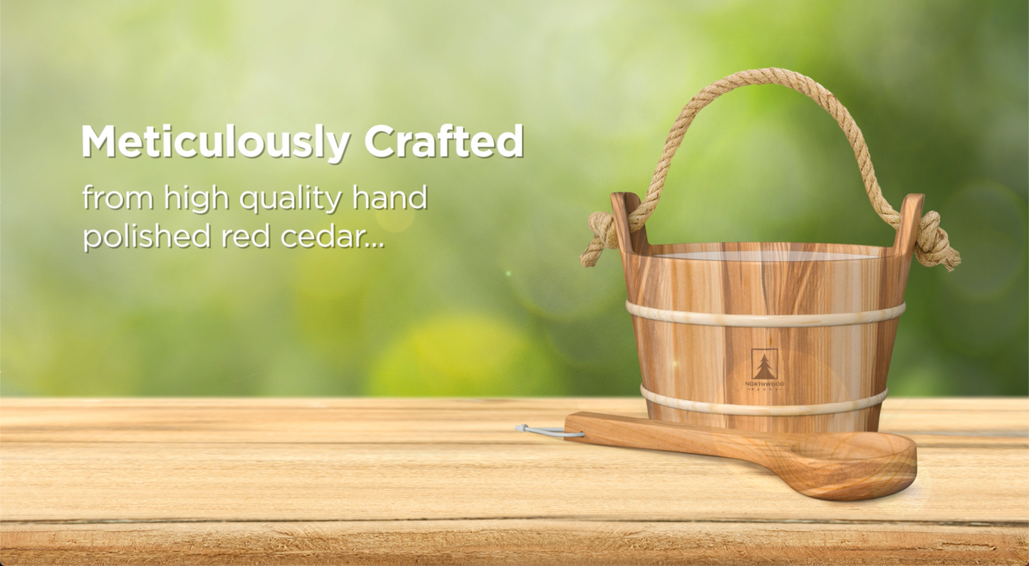 Sauna Bucket and Ladle Set - Handmade from Canadian Red Cedar Wood - Natural Rope Handle - 1 Gallon (4 Liters) Water Capacity